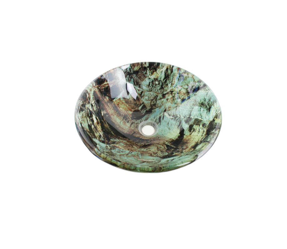 STORM (A) 420*140 Green Multi Earth Colours Round Double Layer Tempered Glass Countertop Vanity Basin