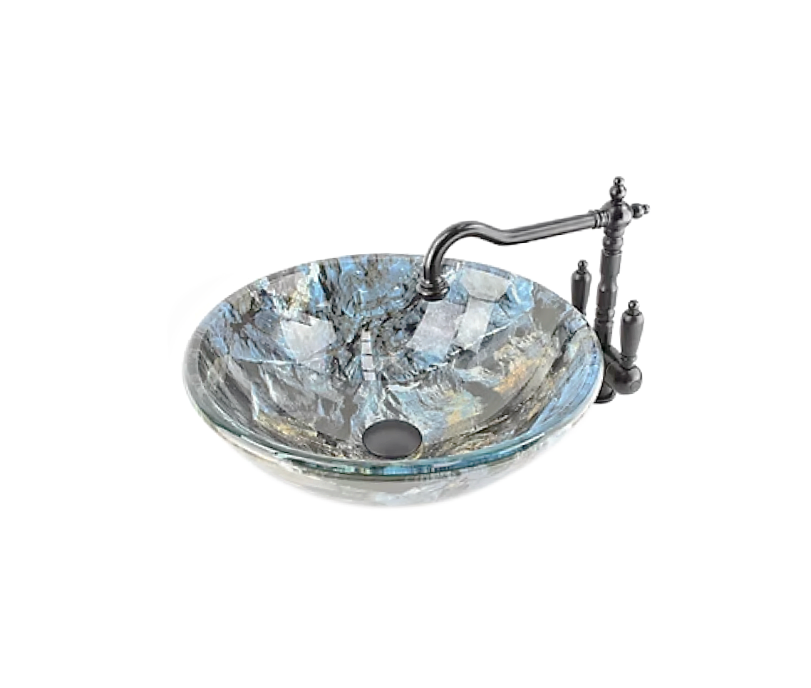 STORM (A) 420*140 Green Multi Earth Colours Round Double Layer Tempered Glass Countertop Vanity Basin