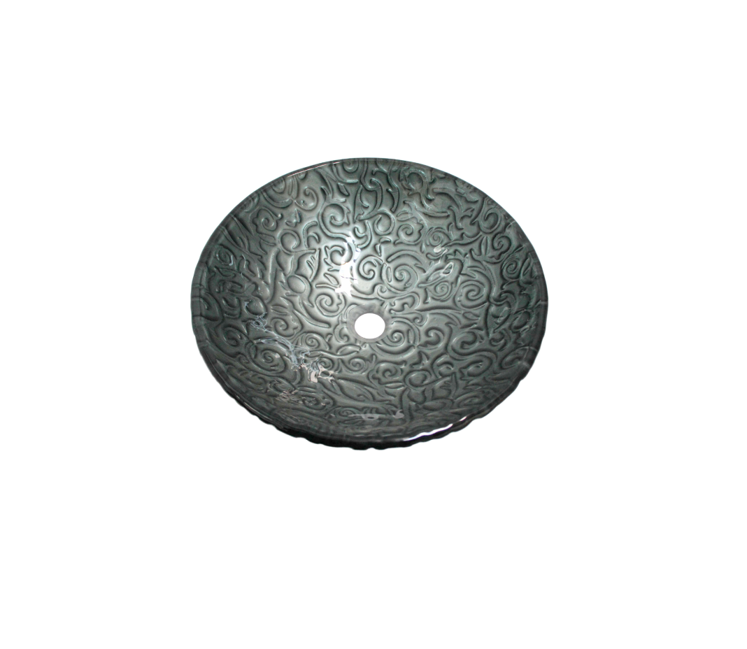 RENAISSANCE SILVERY GREY 420*140 Grey * Silvery Effect Round Patterned Etch Round Tempered Glass Countertop Vanity Basin