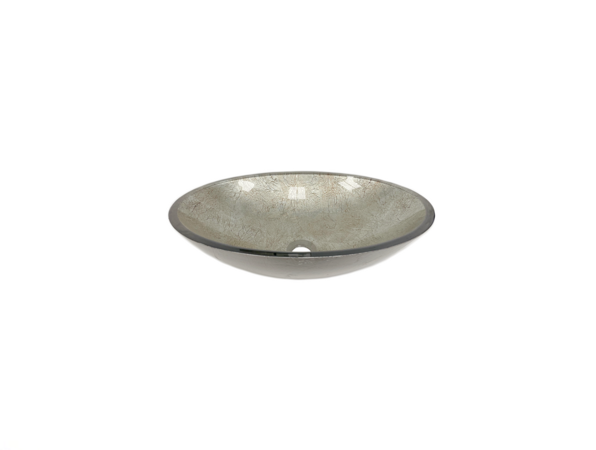 BASTILLE TEXTURED 510*380*140 Silver Speckled Oval Shape Flat Edge Tempered Glass Countertop Vanity Basin