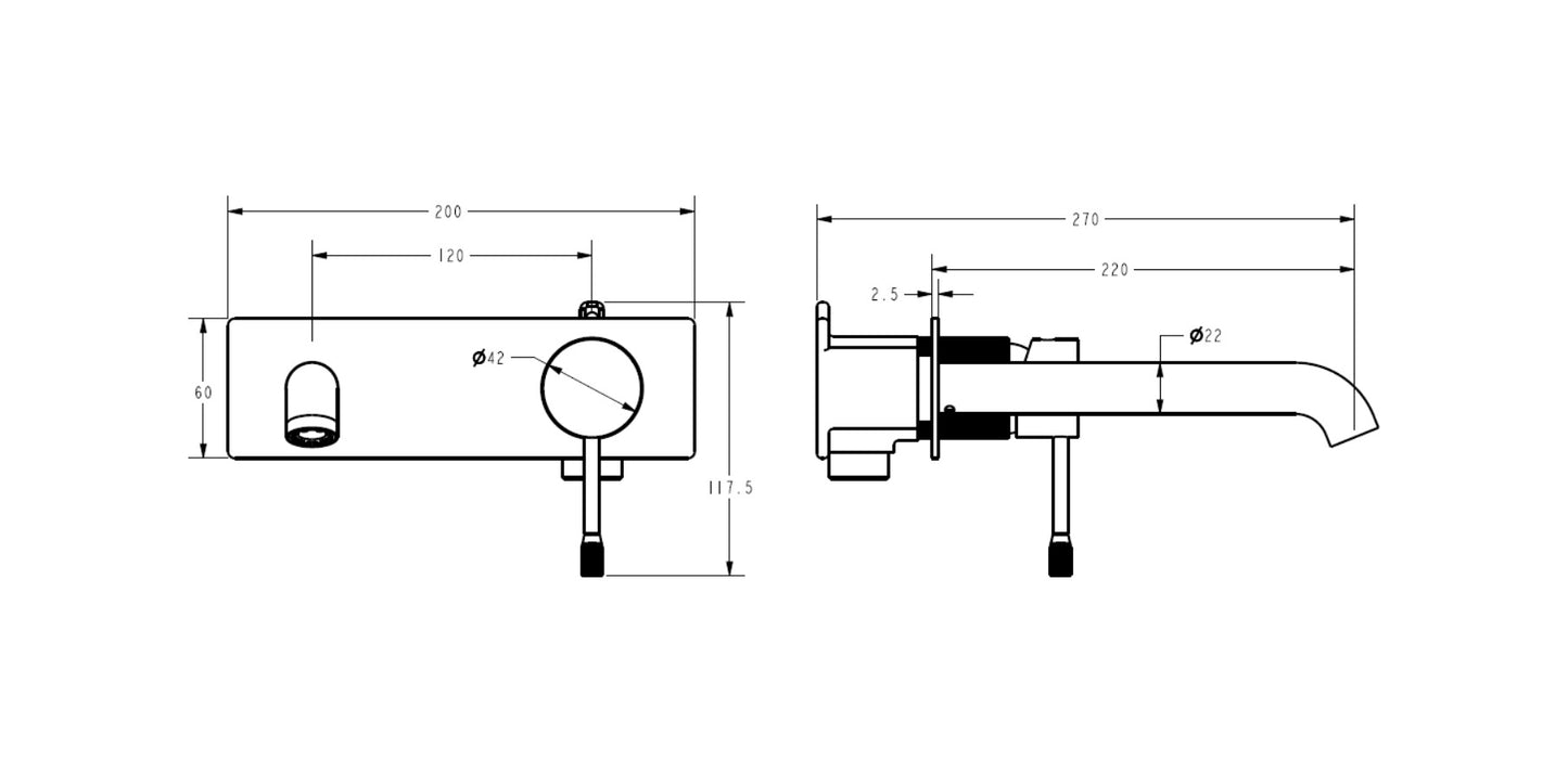 Luxe Slimline 220mm Wall Basin Mixer with Spout with backing plate - Available in 4 Colours