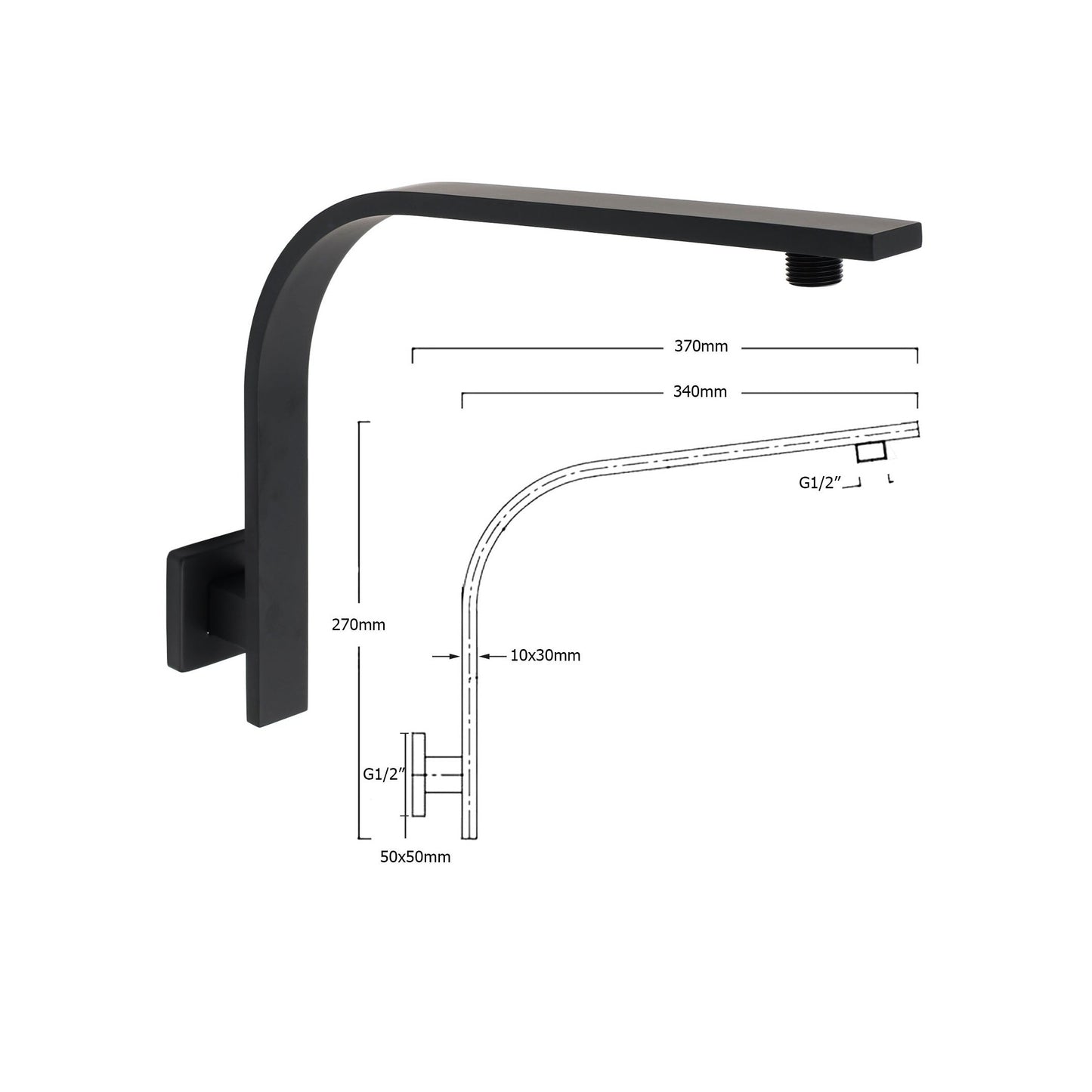 270mm High Lift Square Shower Extension Arm - Available in 5 Colours