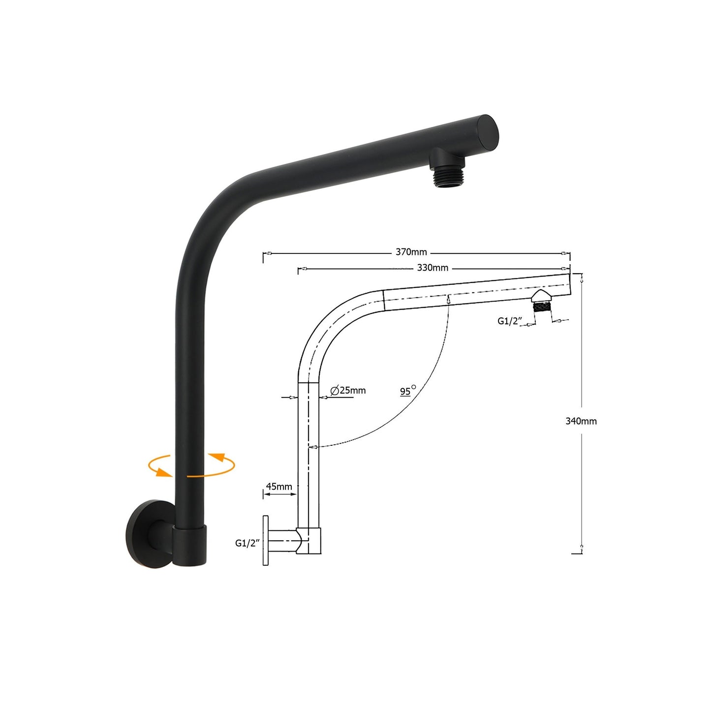 340mm High Lift Round Shower Swivel Arm - Available in 5 Colours
