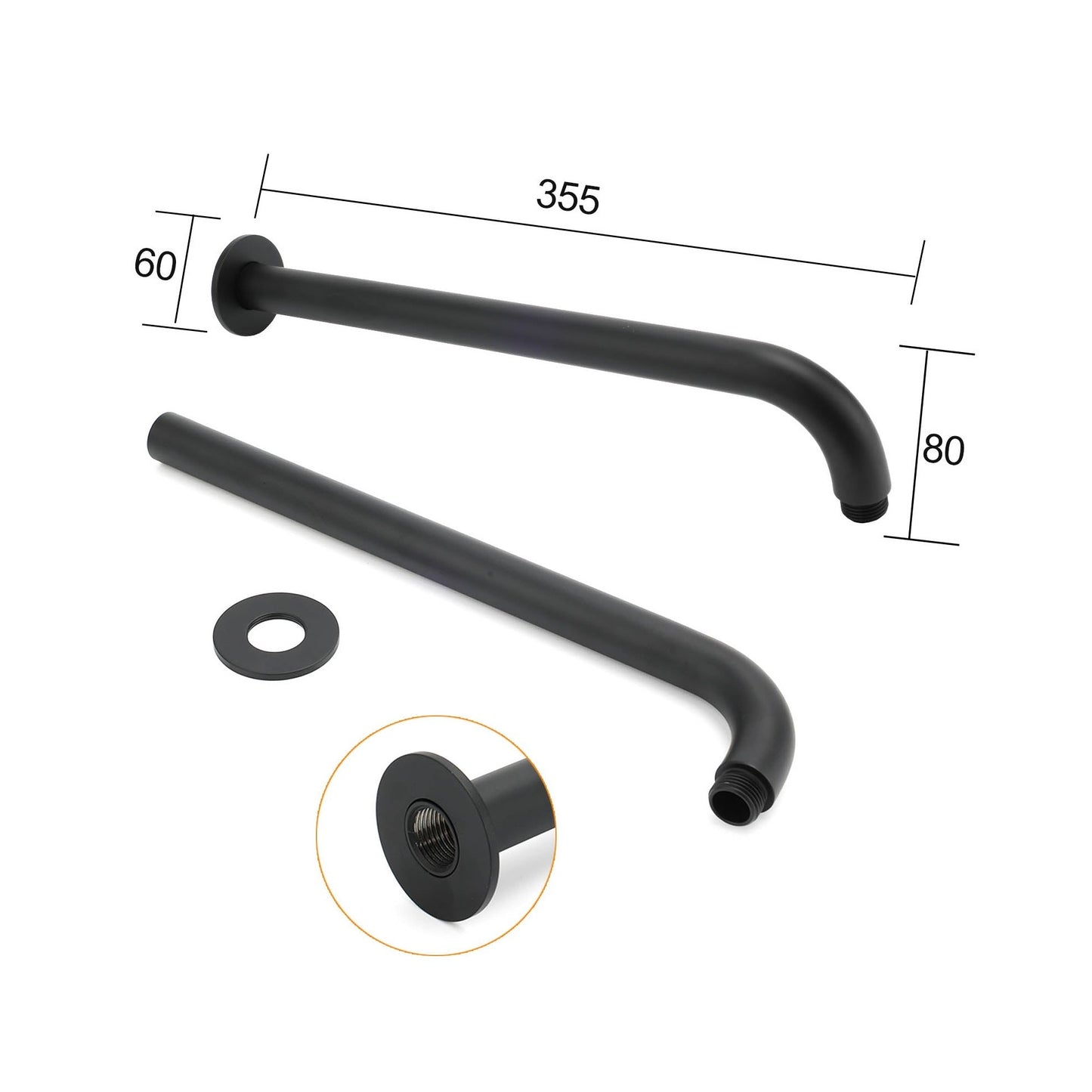 355mm Straight Curve Round Wall Shower Arm - Available in 5 Colours