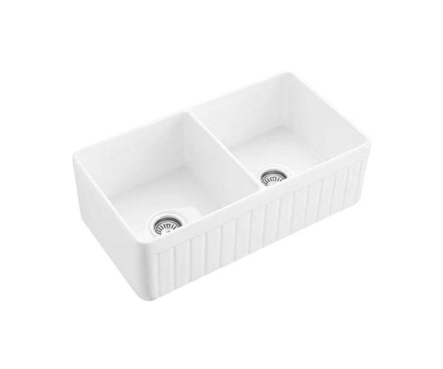 Fireclay Farmhouse Double Bowl  Fluted & Flat Reversible 838*457*255mm