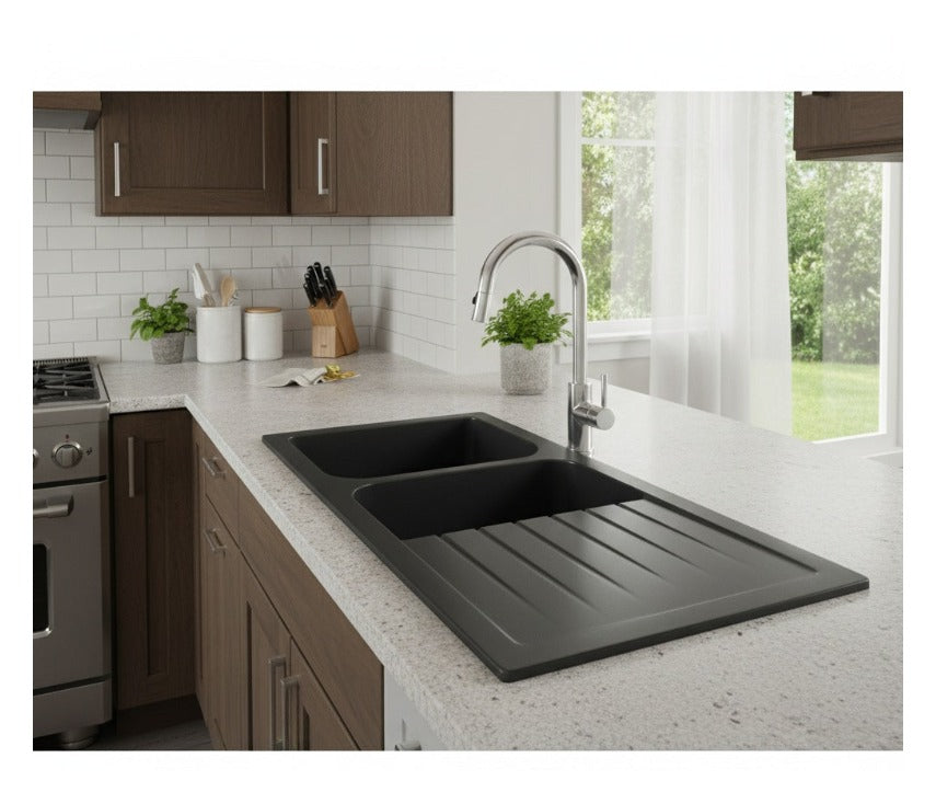 Quartz Top-mount Kitchen Sink Double Bowl & Drainer Matte Black 1160x500mm