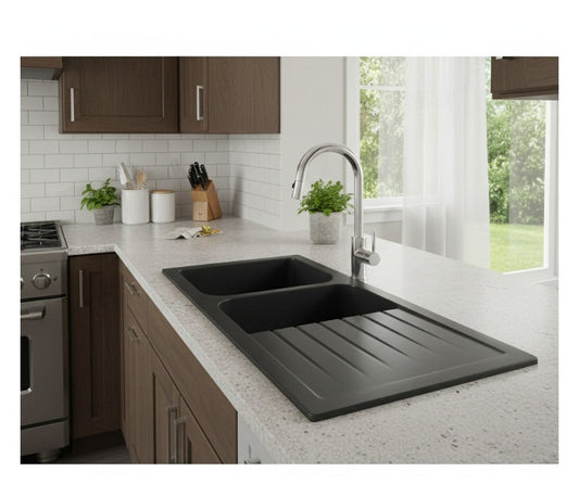 Quartz Top-mount Kitchen Sink Double Bowl & Drainer Matte Black 1160x500mm