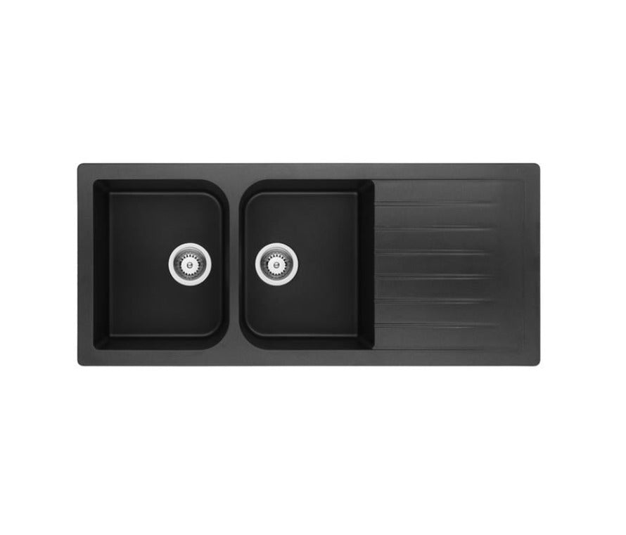 Quartz Top-mount Kitchen Sink Double Bowl & Drainer Matte Black 1160x500mm
