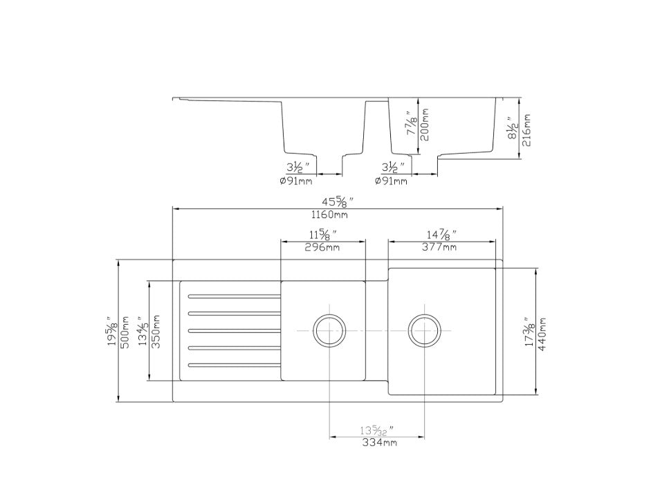 Quartz Stone Double Bowl & Drainer 1160*500*216mm Matte Black