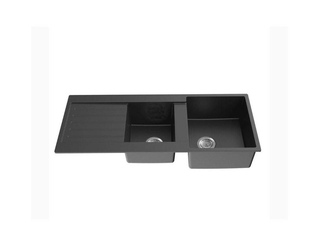 Quartz Stone Double Bowl & Drainer 1160*500*216mm Matte Black