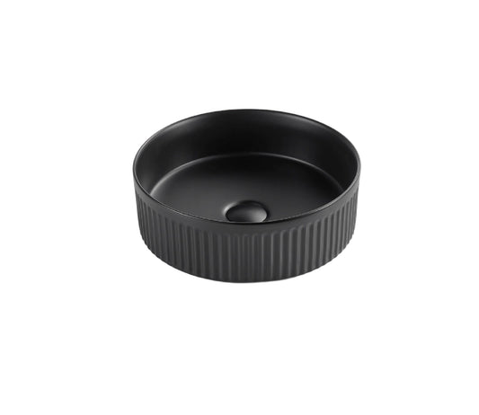 410x410x120 KHEUB Black Matte Fluted Round Ceramic Countertop Vanity Basin