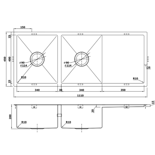 GUNMETAL 1100 STAINLESS DOUBLE BOWL & DRAINER SINK