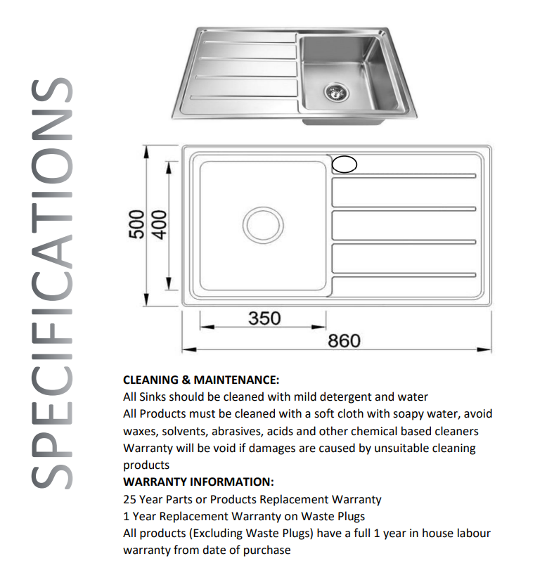 STAINLESS 860 SINGLE BOWL & DRAINER SINK